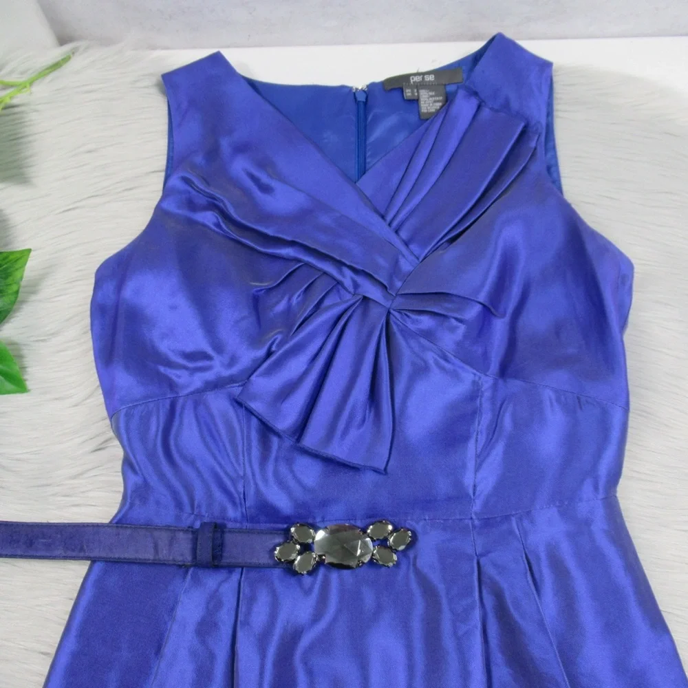 PER SE Blue Silk Sleeves Sheath Dress With Belt Women’s Size 2